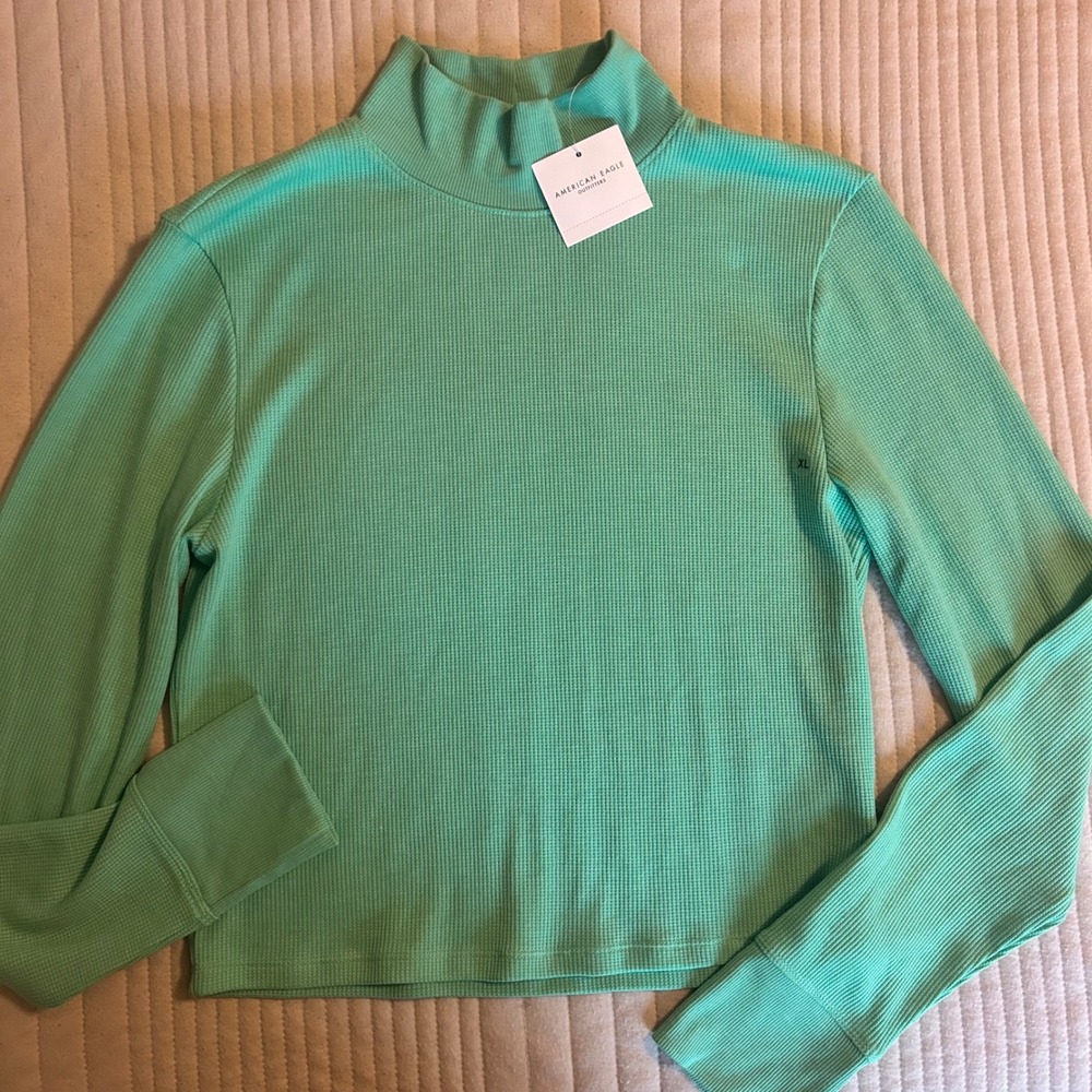 American Eagle Green Ribbed Mock Cropped Tee XL